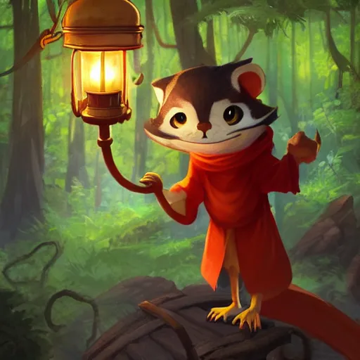 Prompt: concept art painting of an anthropomorphic luffy chipmunk wearing a yellow cloak, holding a lantern, in the deep forest, realistic, detailed, cel shaded, in the style of by isaac asimov and marc simonetti and makoto shinkai and greg rutkowski and james gurney