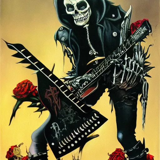 Image similar to a portrait of the grim reaper as a punk rocker, punk, skeleton face, mohawk, dark, fantasy, leather jackets, spiked collars, spiked wristbands, piercings, boots, guitars, motorcycles, ultrafine detailed painting by frank frazetta and vito acconci and will eisner, detailed painting