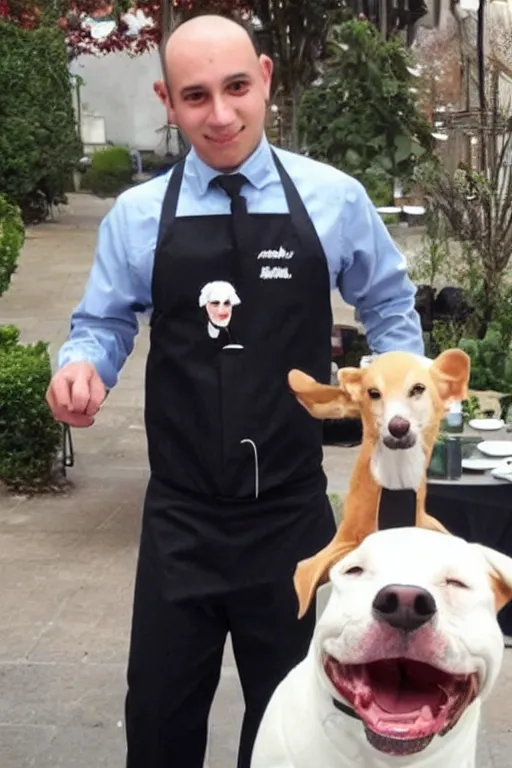 Image similar to a waiter who has a dog's head