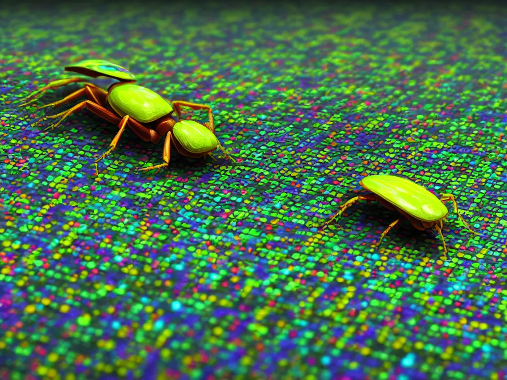 Image similar to a very cute bug crawling out of a vast 3 d landscape of jumbled computer code, hyperrealistic, 3 d, 8 k, artstation, very detailed, neon colors