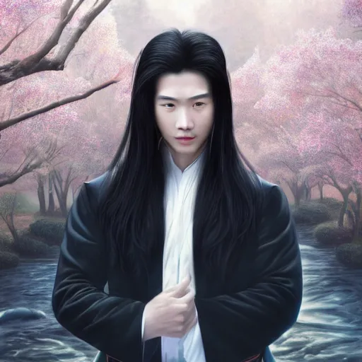 Prompt: a young handsome chinese prince, long black hair, golden eyes, elegant, intricate, backlit, incredible lighting, strong rim light, subsurface scattering, epic beautiful landscape, cherry trees, highly detailed, god rays, digital painting, by Heise Jinyao, Heise-Lian Yan Fang, Feimo, Rossdraws, HDRI, vivid colors, high contrast, 8k resolution, photorealistic