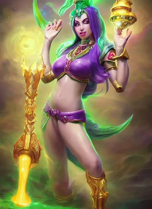 Image similar to divine soraka, from league of legends, health supporter, hyper detailed, green aura in her wand, digital art, trending in artstation, cinematic lighting, studio quality, smooth render, unreal engine 5 rendered, octane rendered, art style by klimt and nixeu and ian sprigger and wlop and krenz cushart