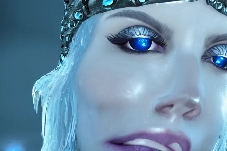 Prompt: HD render of Malevolent Ice Queen with ice droplets on forehead in the style of Artstation, Unreal Engine, photorealistic, reflective