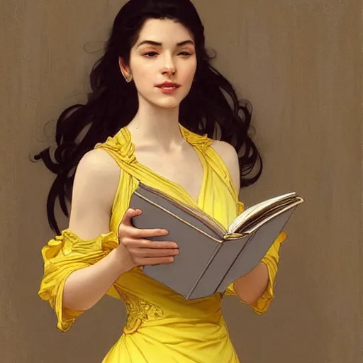 Image similar to a smiling beautiful woman wearing a yellow dress and reading a book, masterpiece, intricate, elegant, highly detailed, digital painting, artstation, concept art, smooth, sharp focus, illustration, art by artgerm and greg rutkowski and alphonse mucha and uang guangjian and gil elvgren and sachin teng, symmetry!!