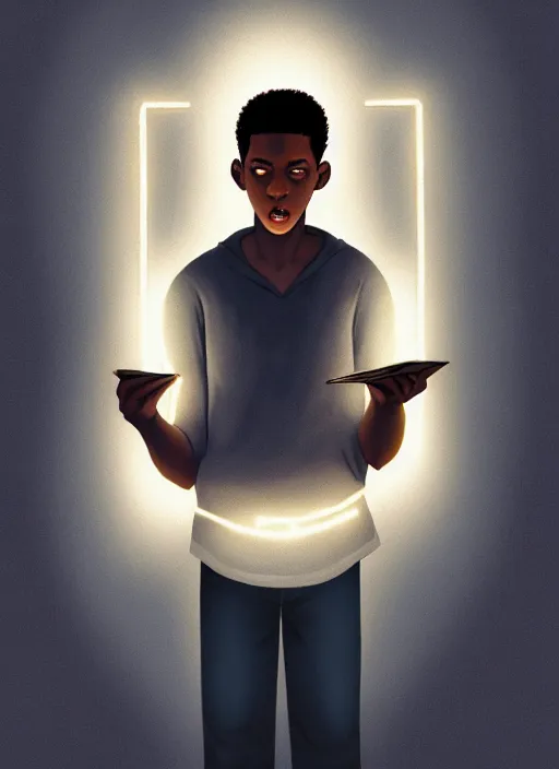 Image similar to portrait of chuck clayton, lightskin black teenage boy, very short curly hair, very short hair, short hair, strong jawline, square jaw, slight smile, reading archie comic, intricate, elegant, glowing lights, highly detailed, digital painting, artstation, concept art, smooth, sharp focus, illustration, art by wlop, mars ravelo and greg rutkowski