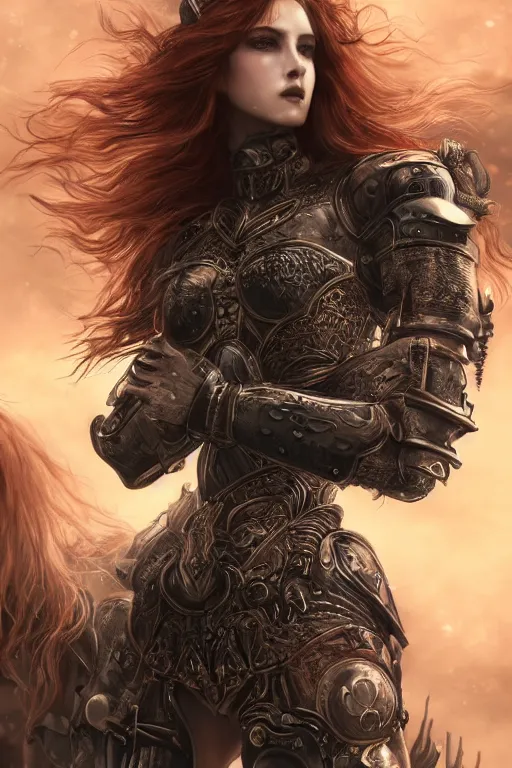 Image similar to ultra realist and ultra intricate detailed soft painting of a beautiful gothic armored female war bear cavalry , thin lustrous long auburn hair, symmetry features, sensual gloomy style, volumetric clouds, cyberpunk background, artstation, unreal render, depth of field