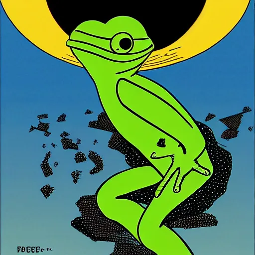 Prompt: pepe the frog ufo abduction is happening. by patrick nagel by virgil finlay