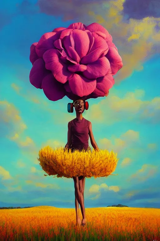 Prompt: ca loseup, a large flower as the head, an african woman in a heather field, surreal photography, golden hour, colorful clouds, impressionist painting, digital painting, artstation, simon stalenhag