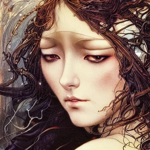 Prompt: realistic detailed face portraits of the spark of life by gerald moira, ayami kojima, amano, greg hildebrandt, kay nielsen, and mark brooks, female, feminine, art nouveau, victorian, character concept design, storybook layout, story board format