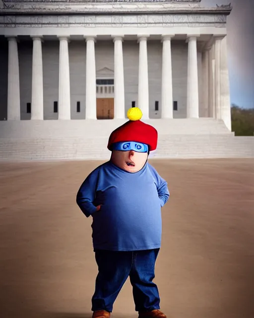 Prompt: Studio Photograph of a real life Eric Cartman from South Park shot in the Style of Annie Leibovitz in front of the Lincoln Memorial