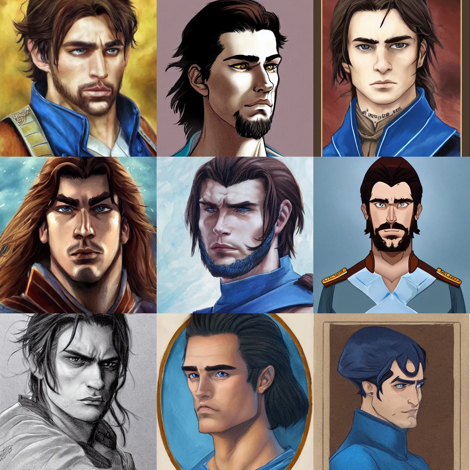 Prompt: a young man with shoulder length brown hair. blue uniform. scar on his forehead. serious expression, handsome, rugged, kaladin stormblessed, way of kings, artgerm, portrait