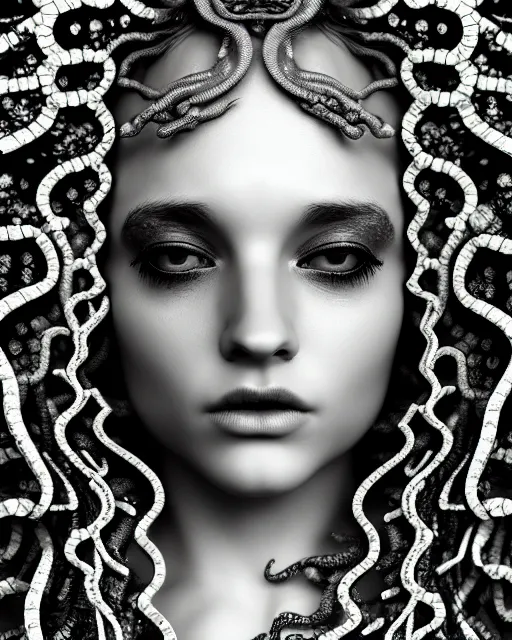 Prompt: surreal mythical dreamy artistic black and white fine art photo of a beautiful young female medusa - cyborg covered with fish scales and algae, highly detailed, intricate crystal ivy jelly fish scales ornate, poetic, octane render, 8 k, photo - realistic