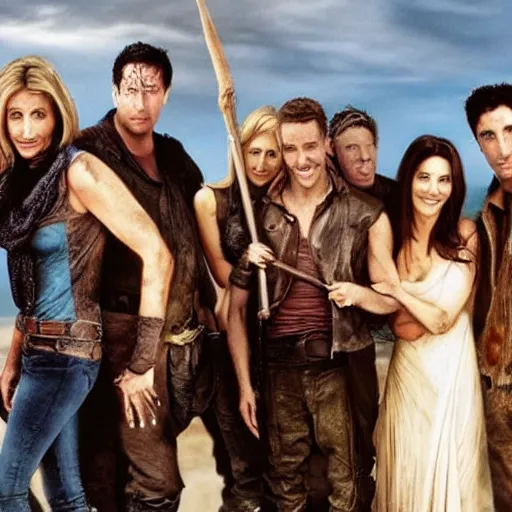 Image similar to The cast of Friends in Mad Max Fury Road (2015) dynamic action battle