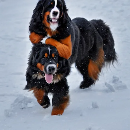 Image similar to girl riding giant Bernese Mountain Dog in the snow, trending on artstation