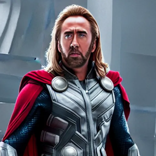 Prompt: film still of Nic Cage as Thor in Avengers Endgame