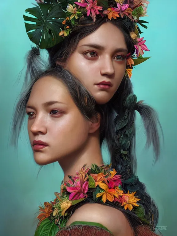 Prompt: beautiful portrait of a Subtropics minority female wearing fantastic costume, pigtail,subtropical plants,subtropical plants flowers,intricate, elegant, highly detailed, dim volumetric lighting, 8k,octane,post-processing,digital painting, trending on artstation, concept art, smooth, sharp focus, illustration,by Tom Bagshaw and Daniel Gerhartz and Albert Aublet and Lawrence Alma-Tadema and alphonse mucha