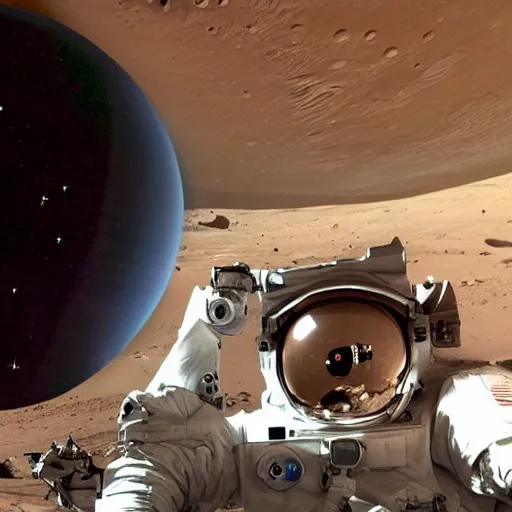 Prompt: extremely detailed photo of carl sagan looking through visor of spacesuit, mars rover in background