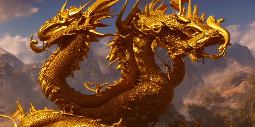 Image similar to golden dragon, unreal 5, hyperrealistic, realistic, photorealistic, dynamic lighting, highly detailed, cinematic landscape, studio landscape, studio lighting