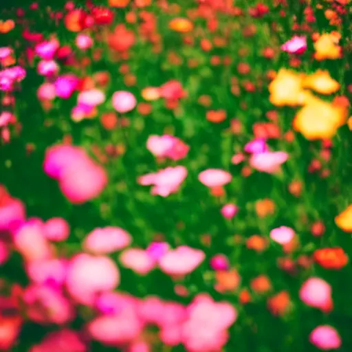 Image similar to In focus colorful flowers blossoming, climax, overwhelming, brilliant, surreal, cinematic, epic, 8k, sharp focus, color grain 35mm, tilt-shift, dslr