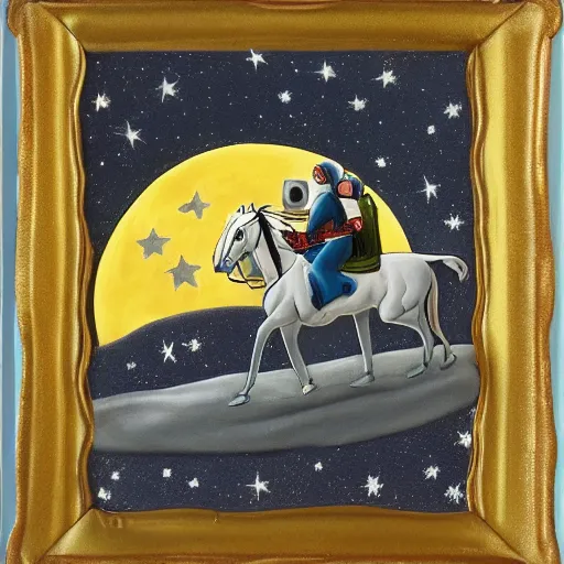 Image similar to the moon riding an astronaut on a horse