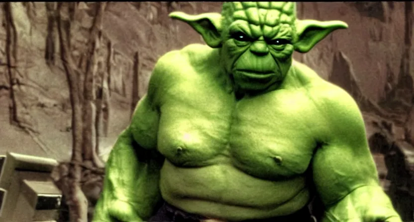 Image similar to a mix between Hulk and yoda, shot on technicolor cinemascope