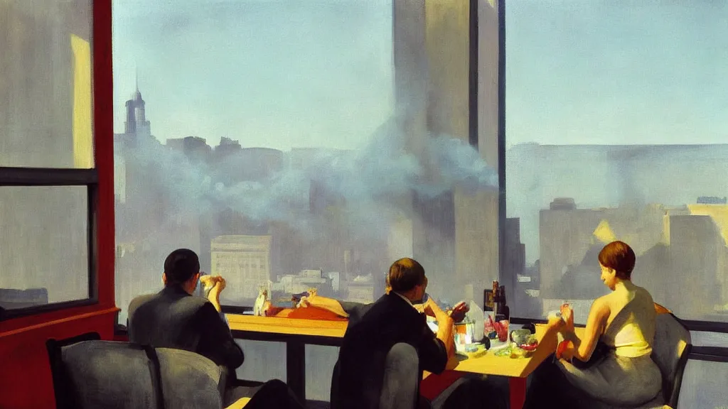 Image similar to 911 terrorist attacks with a plane, explosion and smoke, as seen from the window of a luxury hotel while a couple eats breakfast, by Edward Hopper, high-resolution painting