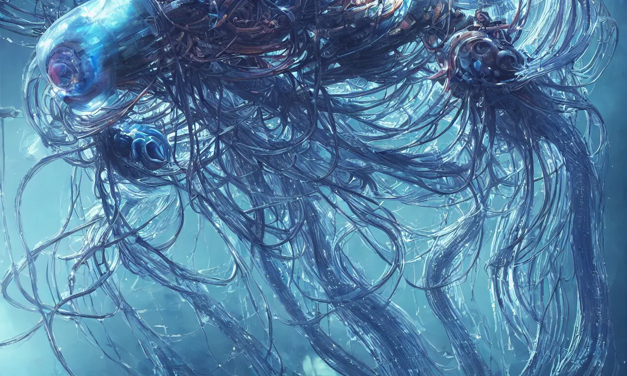 Image similar to a hyper detailed painting of a cyberpunk jellyfish, cables everywhere, blue tones, underwater, highly detailed, digital painting, artstation, concept art, smooth, sharp focus, illustration, art by artgerm and greg rutkowski and alphonse mucha