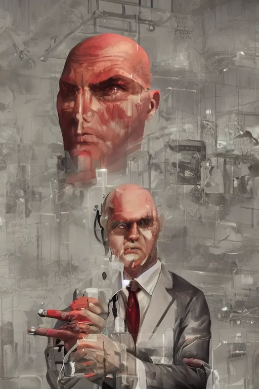 Image similar to an intricate and expressive full body portrait of agent 4 7 from hitman in a research lab full of clones, dark background, red rim light, highly detailed, digital art, artstation, concept art by giger stalenhag