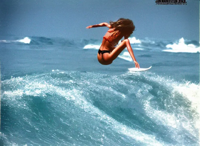 Image similar to color photo. surfer girl riding a big wave in the 8 0's. shark in the water