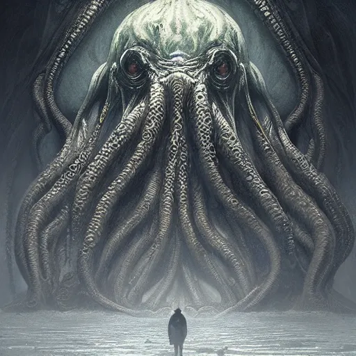 Image similar to human looking at big monstrosity portrait of Cthulhu, hyperdetailed, artstation, cgsociety, by greg rutkowski, by Gustave Dore