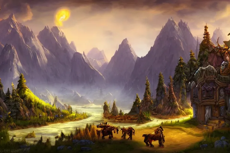 Prompt: world of warcraft environment with trees, rocky mountains and a river, horses, wooden chariots, beautiful, concept