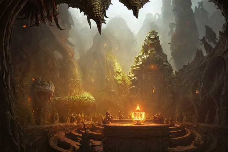 Image similar to crocodile god lair, deep focus, d & d, fantasy, intricate, elegant, highly detailed, digital painting, artstation, concept art, matte, sharp focus, illustration, hearthstone, art by artgerm and greg rutkowski and alphonse mucha