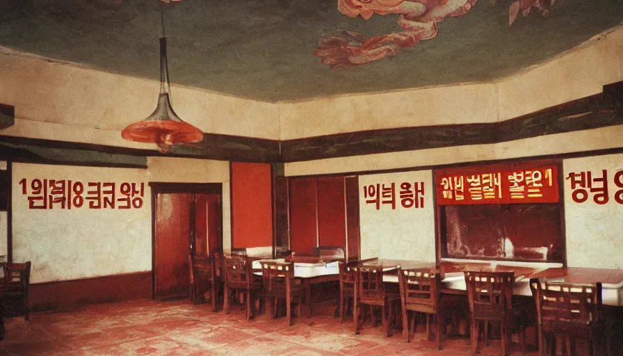 Image similar to 70s movie still of empty north-korean restaurant palace with propaganda fresco stalinist style, eastmancolor, heavy grain, high quality, higly detailed