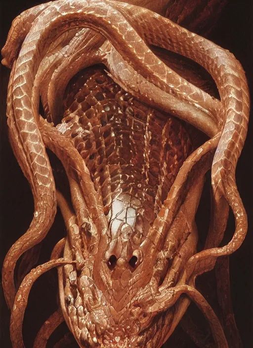 Prompt: portrait of a demonic snake with translucent skin, visible muscles and veins and arteries and bones and spines and nerves, beautiful detailed intricate insanely detailed octane render, 8k artistic photography, photorealistic, chiaroscuro, by David Cronenberg, Raphael, Caravaggio