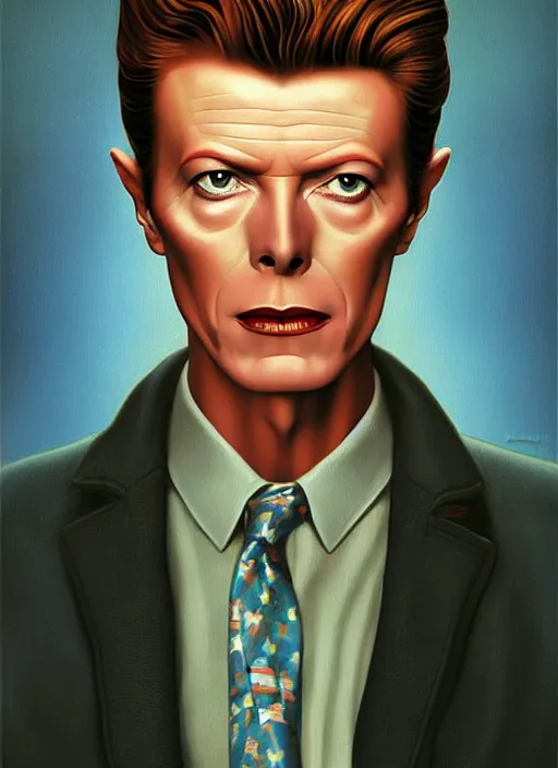 Image similar to twin peaks poster art, portrait of the david bowie fbi agent, this world wasn't enough for him, by michael whelan, rossetti bouguereau, artgerm, retro, nostalgic, old fashioned