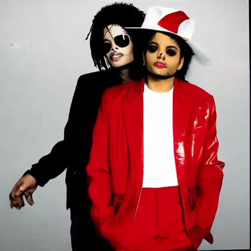 Image similar to the weeknd and michael jackson with red clothes, after hours album cover