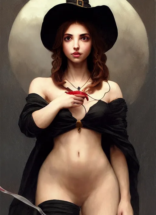 Prompt: character concept portrait of anna de armas as a witch with a big black pointy hat casting a spell, a floating burning love potion in the center, intricate, elegant, digital painting, concept art, smooth, sharp focus, illustration, from Metal Gear, by Ruan Jia and Mandy Jurgens and William-Adolphe Bouguereau, Artgerm