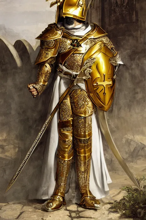 Prompt: man in decorated with gold in baroque style crusader armor, helmet and white cape with cross on it holding decorated with gold sword on it standing at the gates of jerusalem drawn by greg rutkowski realistic high detail