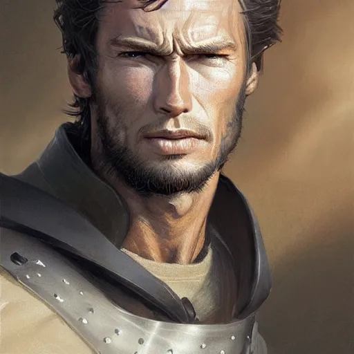 Image similar to rugged male knight, young clint eastwood, headshot, D&D, painted fantasy character portrait, highly detailed, digital painting, artstation, concept art, sharp focus, illustration, art by artgerm and greg rutkowski and alphonse mucha