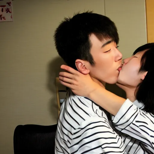 Prompt: japanese college boy kissing a korean college boy