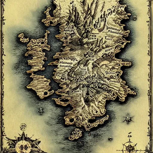 Image similar to old vintage dark fantasy map, horror, nightmare, extremely detailed, elden ring