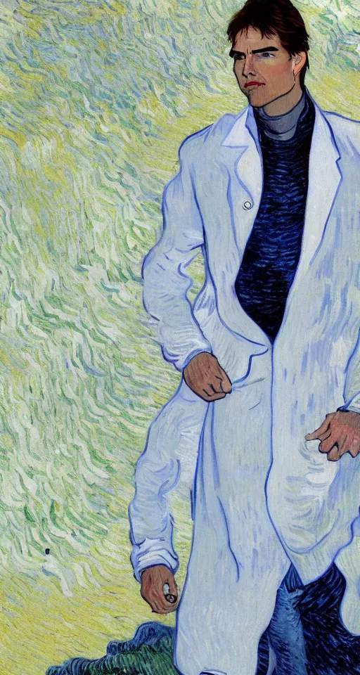 Image similar to Tom Cruise in white lab coat by Van Gogh