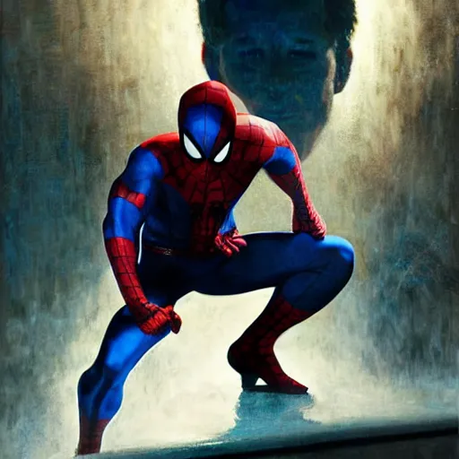 Image similar to ryan reynolds as spider - man, wearing a black and blue suit, cinematic, volumetric lighting, f 8 aperture, cinematic eastman 5 3 8 4 film, photorealistic by greg rutkowski, by stanley artgerm, by alphonse mucha