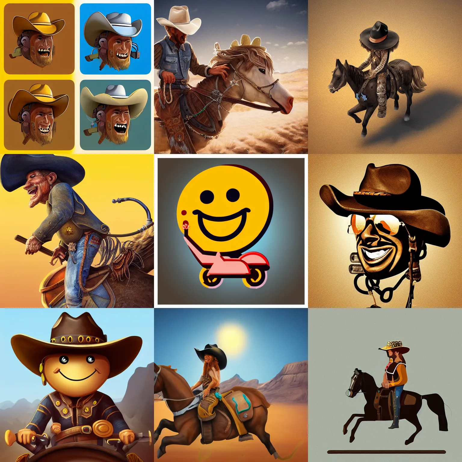 Prompt: a very detailed smiley icon wearing a cowboy hat, riding on a metal horse through an arid landscape, sun burning down from above, digital art, professional, tranding on artstation