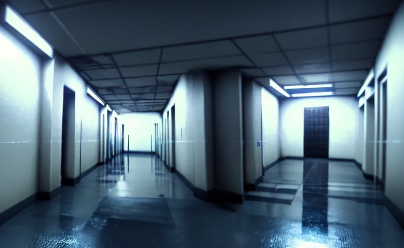 Image similar to screenshot of a first person shooter game on unreal engine 5, narrow modern hallways of a government office facility with white dry wall, female hands painted nails holding shotgun, photorealistic, retrofuturism, concept art, trending on artstation