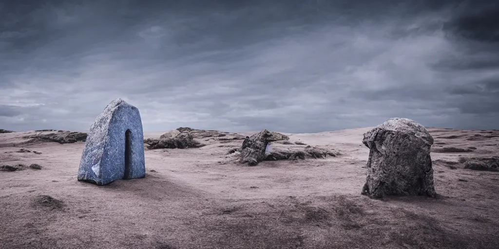 Image similar to a breathtaking surreal render of windswept dunes scandinavian landscape, a withered ancient altar + stone in center in focus, blue tint, ultra wide shot, cinematic, 8 k, photorealistic, dramatic lighting
