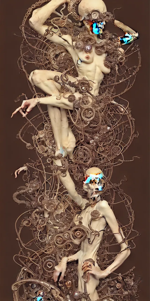 Image similar to william burroughs art nouveau fantasy character portrait, ultra realistic, intricate details, the fifth element artifacts, highly detailed by peter mohrbacher, hajime sorayama, wayne barlowe, boris vallejo, aaron horkey, gaston bussiere, craig mullins alphonse mucha, art nouveau curves swirls and spirals, flowers pearls beads crystals jewelry goldchains scattered