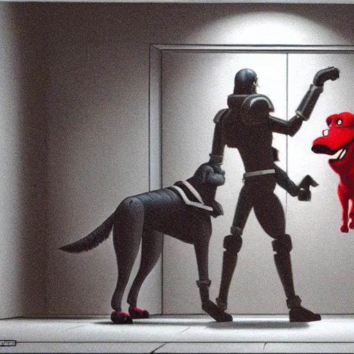 Image similar to the scp foundation mtf fighting off evil clifford the big red dog in a dark laboratory hallway, intricate, dramatic lighting, elegant, hyper realistic, smooth, highly detailed, ralph mcquarrie