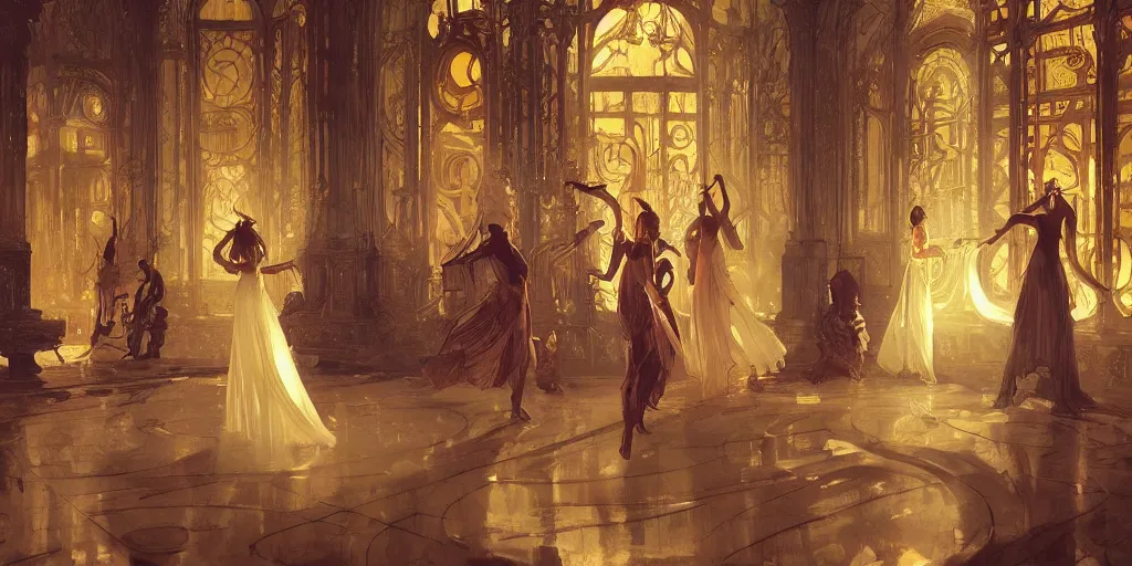 Image similar to beautiful render of a ballroom, concept art, some dancers, at night, medieval!!, bright, artstation, detailled, manga!, fantasy! by greg rutkowski, by alphonse mucha