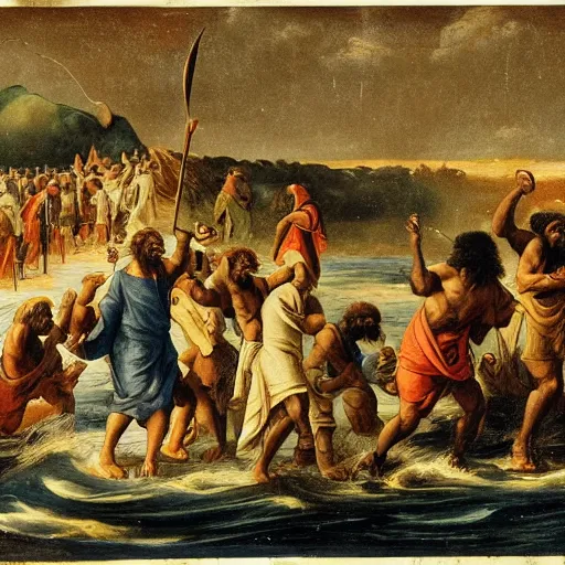 Prompt: Moses and the Israelites crossing the Sea